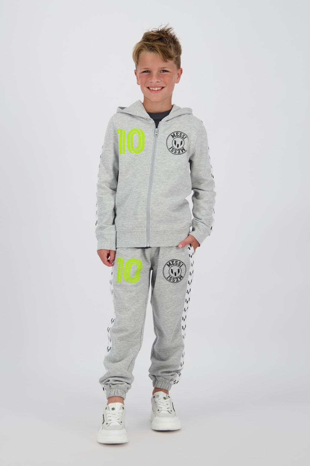 Grijs melange jongens en meisjes Messi sweatvest melange met printopdruk, lange mouwen, capuchon, ritssluiting en geribde boorden