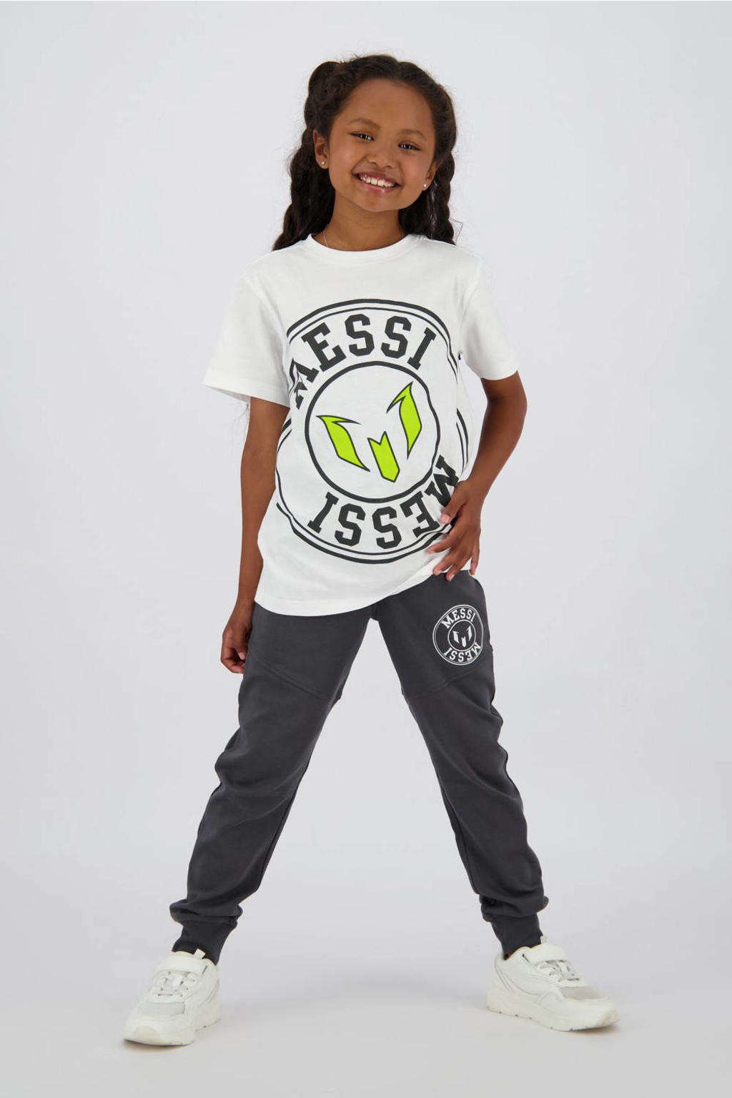 Witte jongens en meisjes Messi T-shirt van polyester met logo dessin, korte mouwen en ronde hals