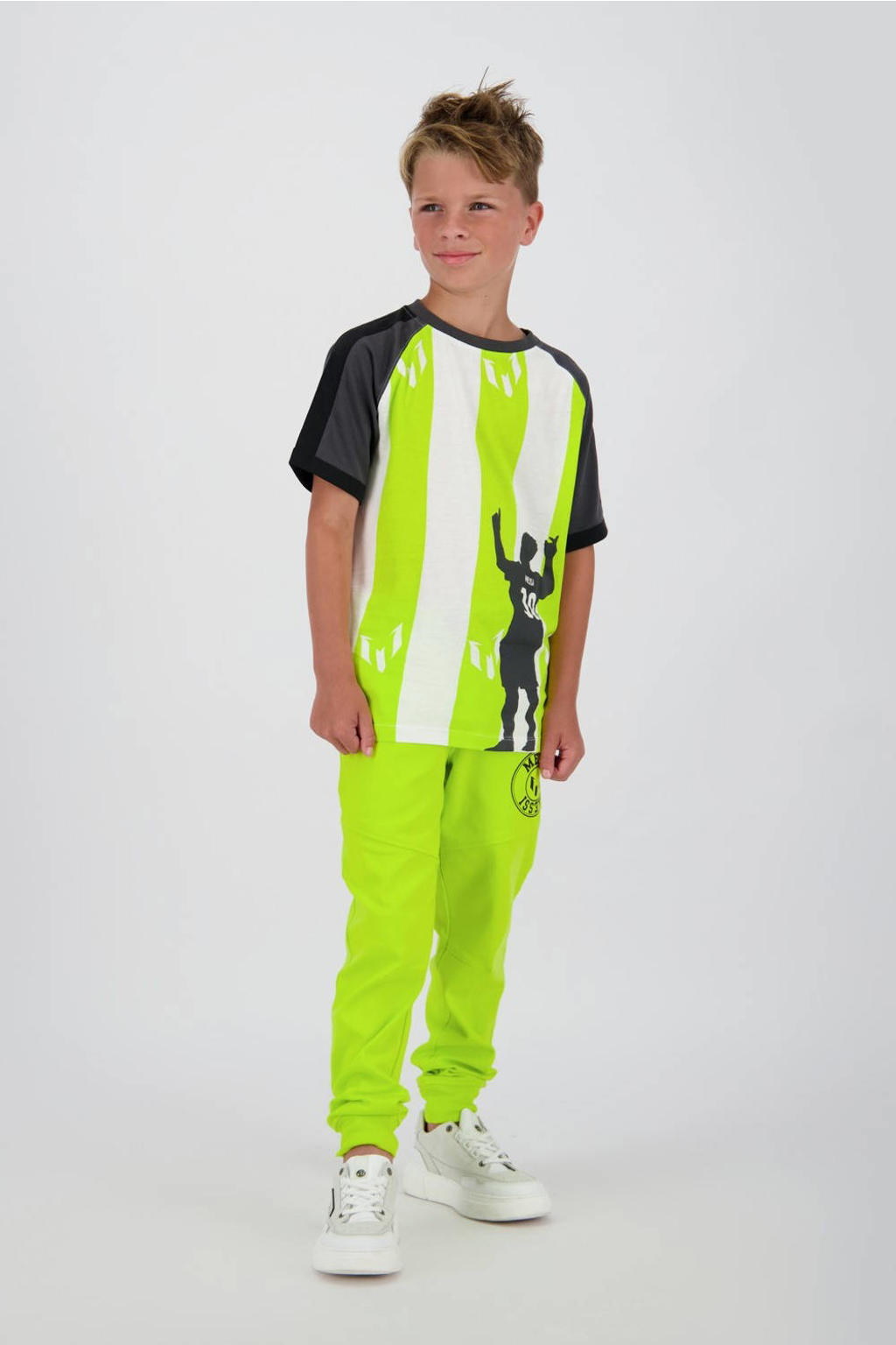 Wit, grijs en limegroene jongens en meisjes Messi T-shirt van polyester met meerkleurige print, korte mouwen en ronde hals