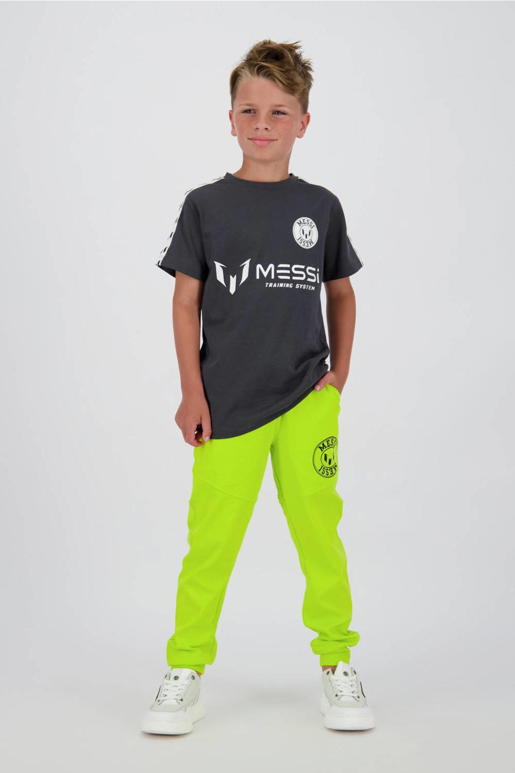 Grijze jongens en meisjes Messi T-shirt van polyester met logo dessin, korte mouwen en ronde hals