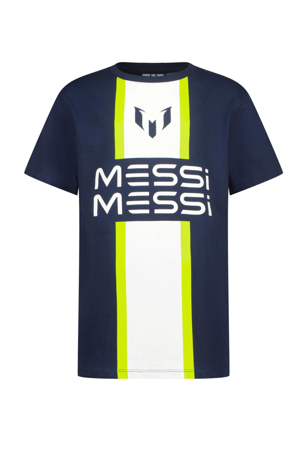 Donkerblauw, wit en limegroene jongens en meisjes Messi T-shirt van polyester met logo dessin, korte mouwen en ronde hals