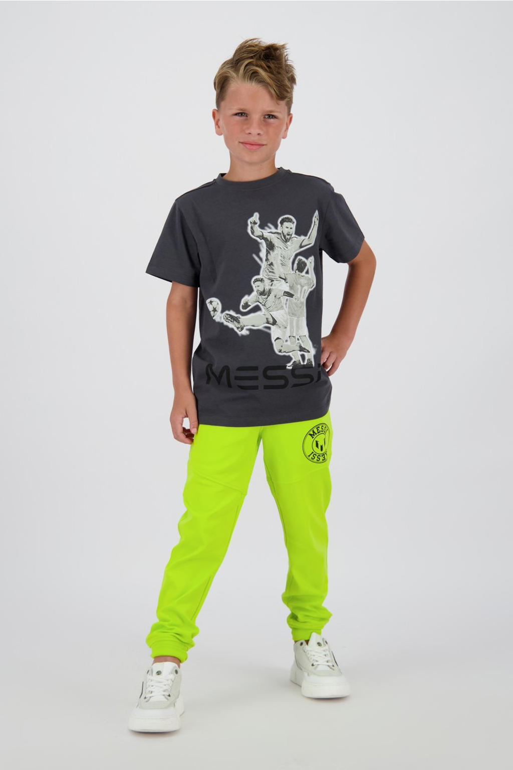 Grijze jongens en meisjes Messi T-shirt van polyester met printopdruk, korte mouwen en ronde hals