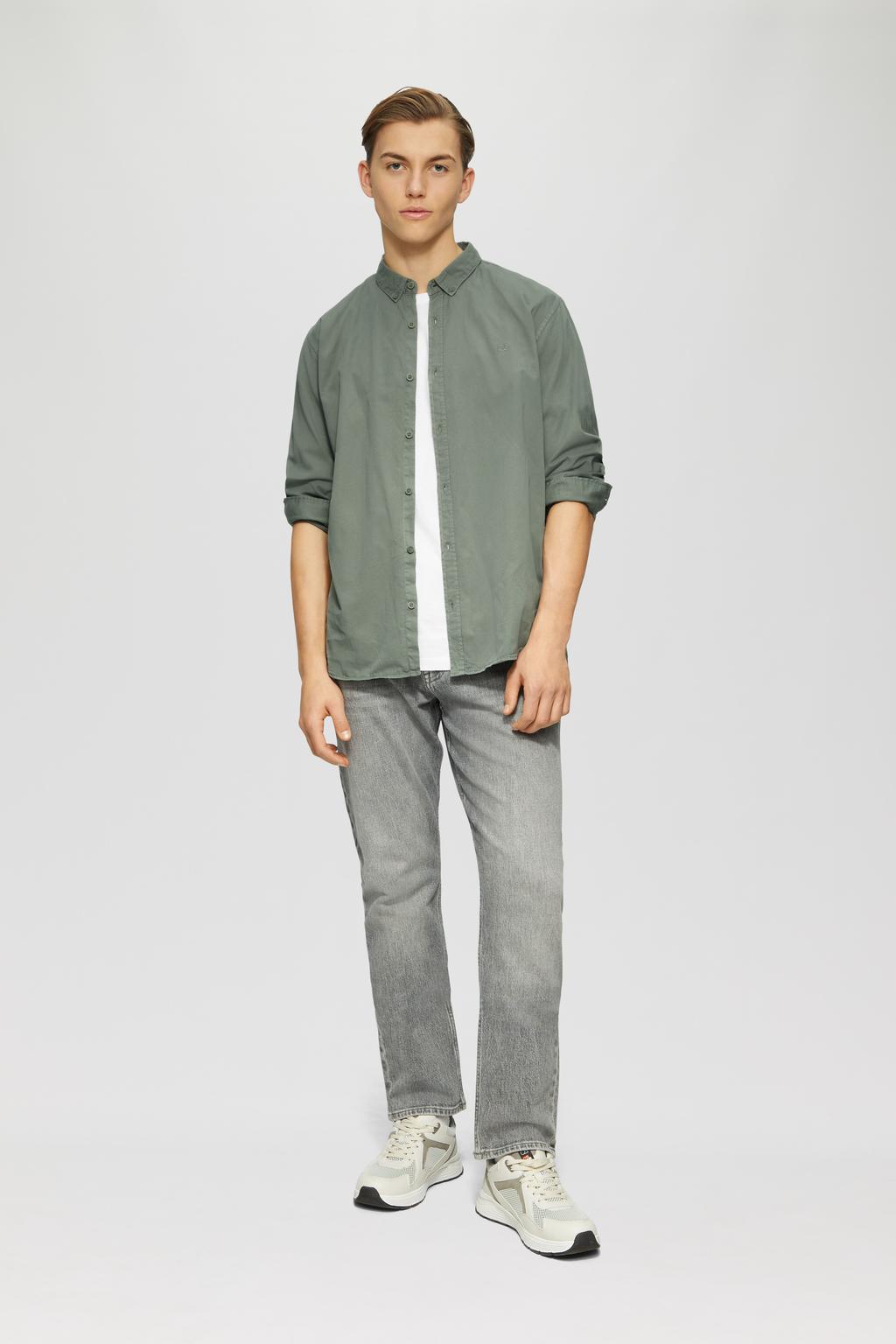 Groene heren Q S by s.Oliver casual overhemd van katoen met effen, lange mouwen en knoopsluiting
