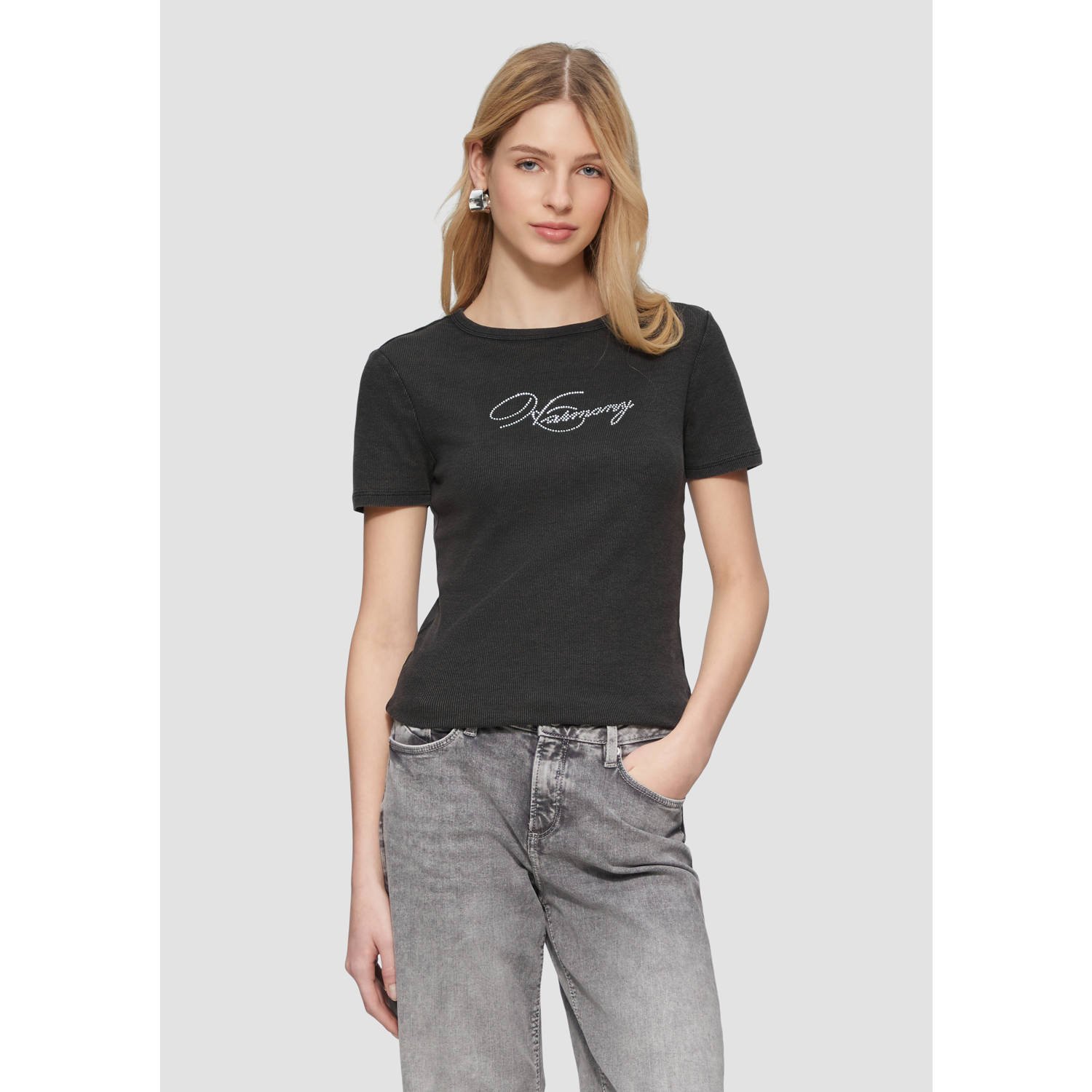 Q S by s.Oliver T-shirt antraciet rib gebreid