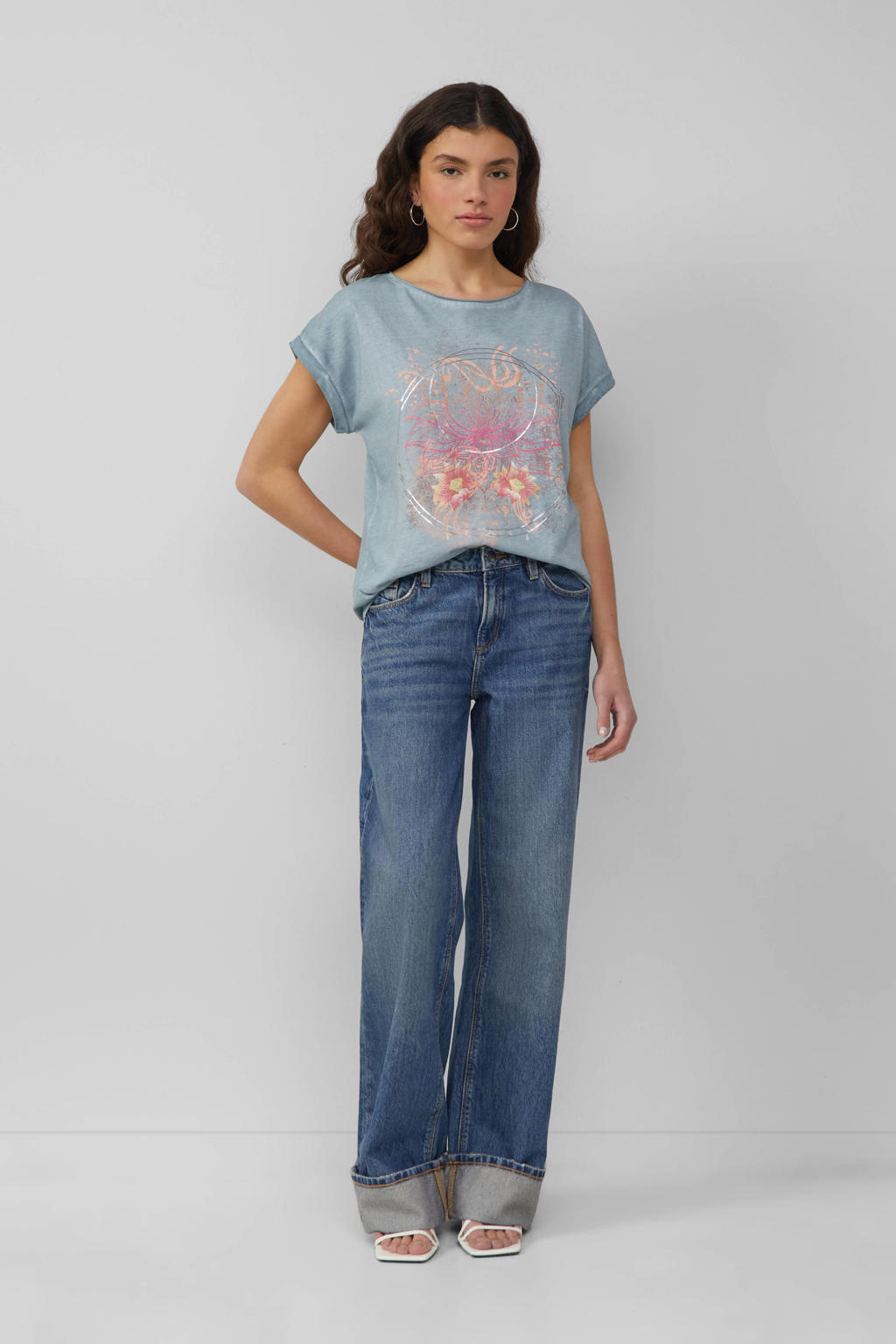 Lichtgroene dames Q S by s.Oliver T-shirt van katoen met printopdruk, korte mouwen en ronde hals
