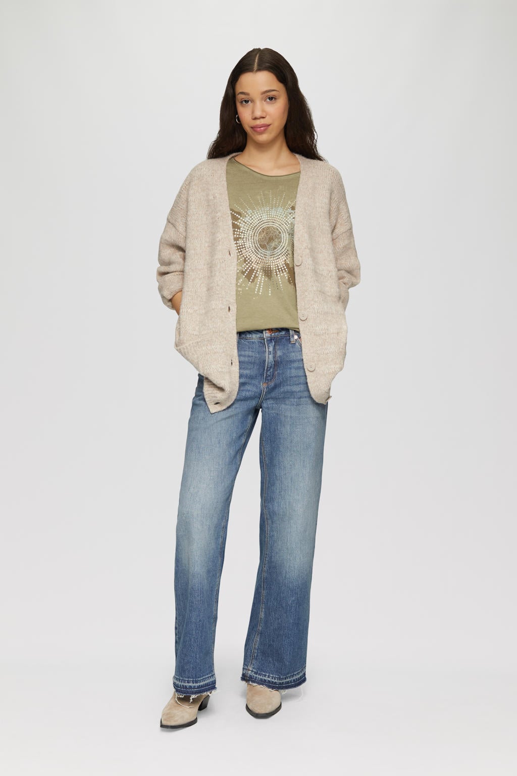 Kakikleurige dames Q S by s.Oliver T-shirt van katoen met printopdruk, korte mouwen en ronde hals