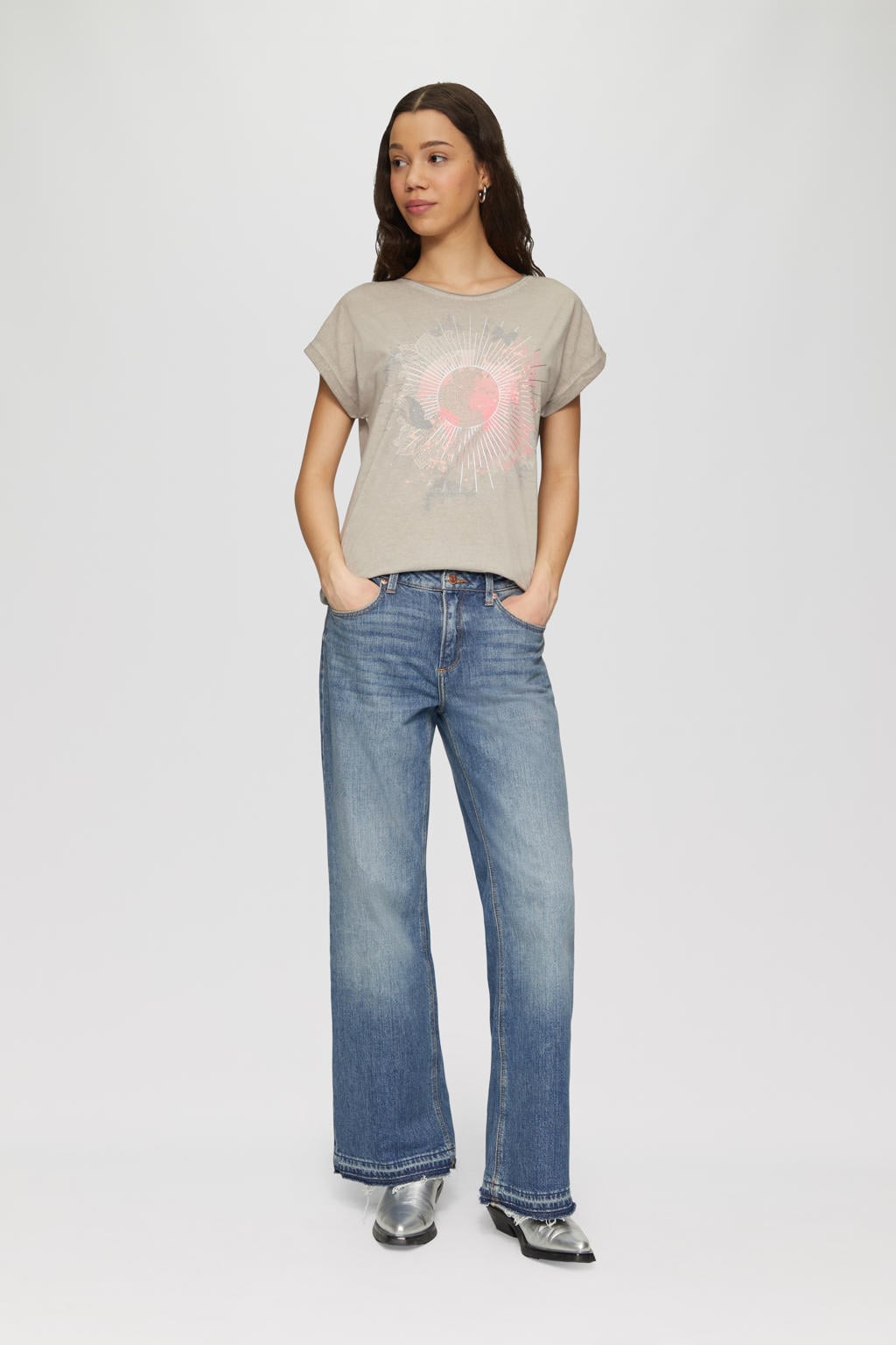 Taupe dames Q S by s.Oliver T-shirt van katoen met printopdruk, korte mouwen en ronde hals