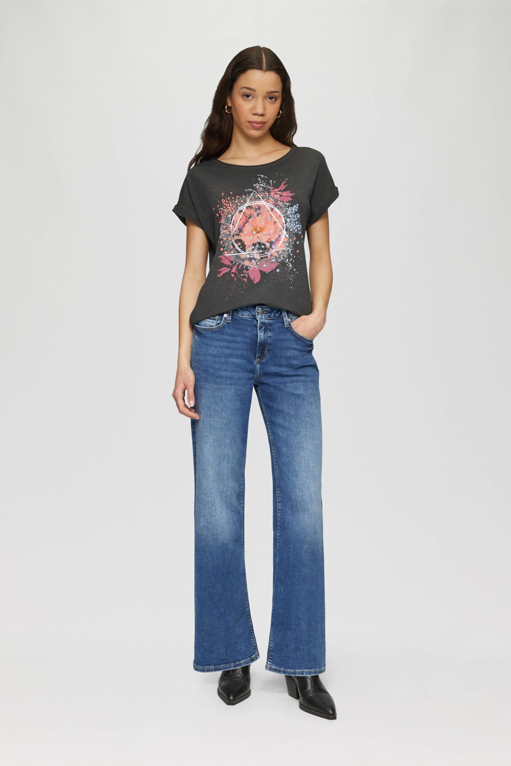 Zwarte dames Q S by s.Oliver T-shirt van katoen met printopdruk, korte mouwen en ronde hals