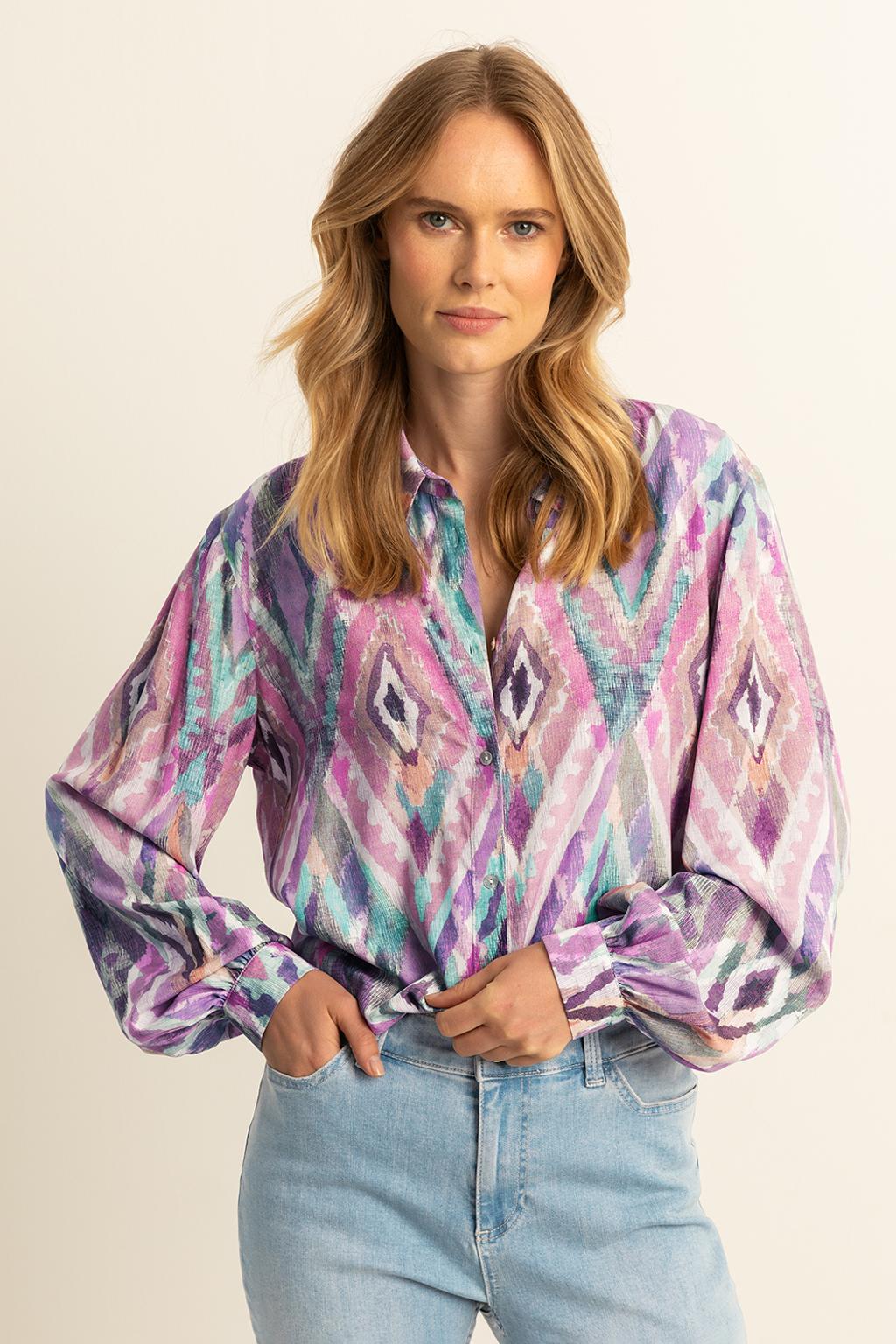 Multikleurige dames Expresso blouse van viscose met lange mouwen, klassieke kraag en knoopsluiting