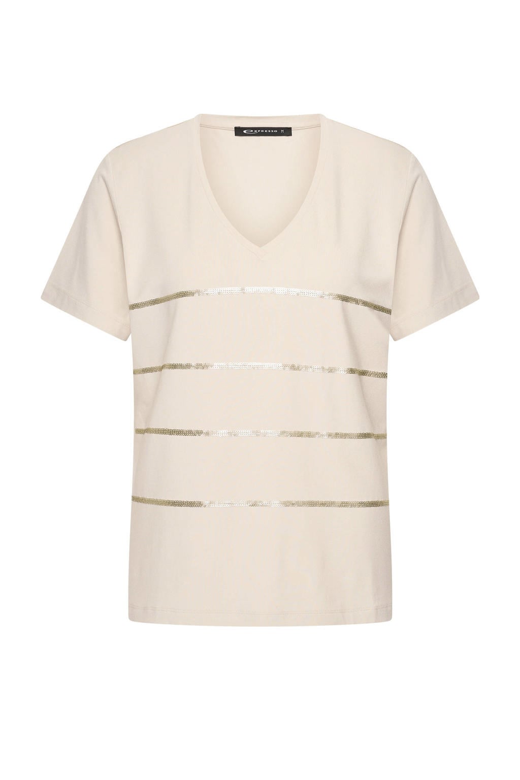 Beige dames Expresso glitter top met effen, korte mouwen, V-hals en pailletten