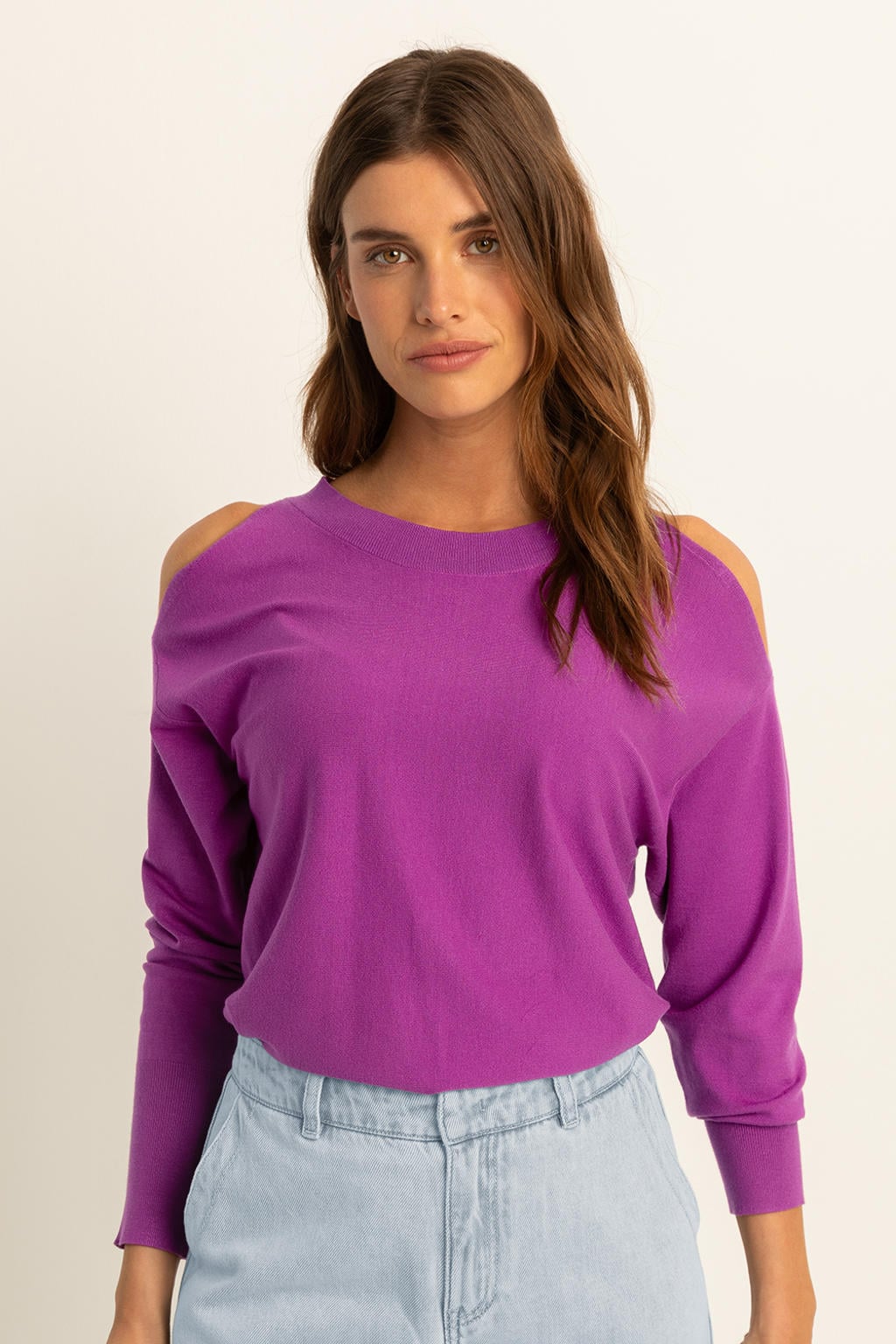 Fuchsia dames Expresso gebreide trui van viscose met effen, lange mouwen, ronde hals en cut out