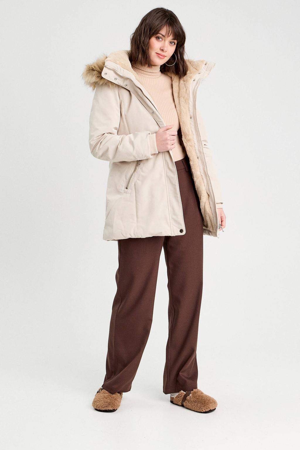 Ecru dames Cache Cache winterjas van polyester met effen, lange mouwen, capuchon, rits- en drukknoopsluiting en imitatiebontkraag