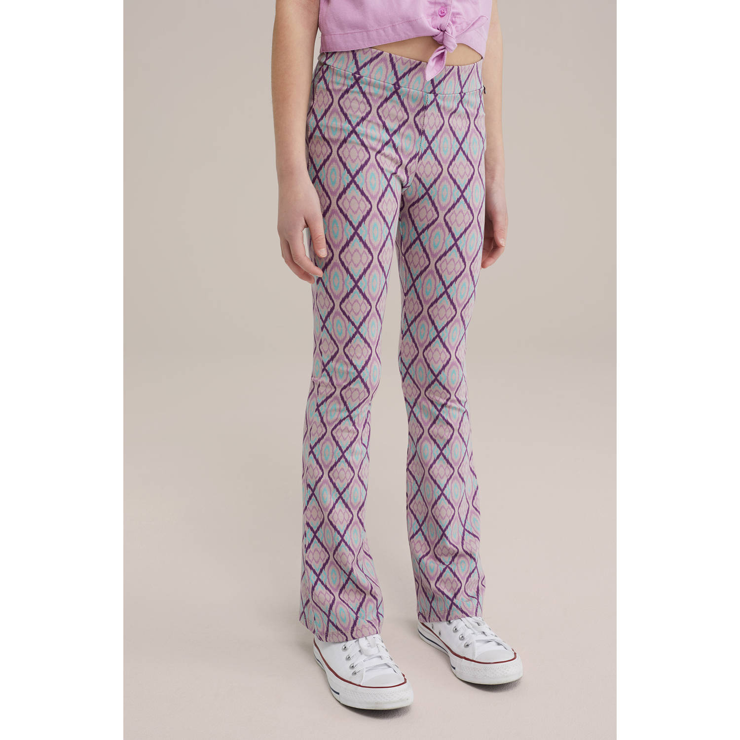 WE Fashion flared broek paars lichtblauw roze
