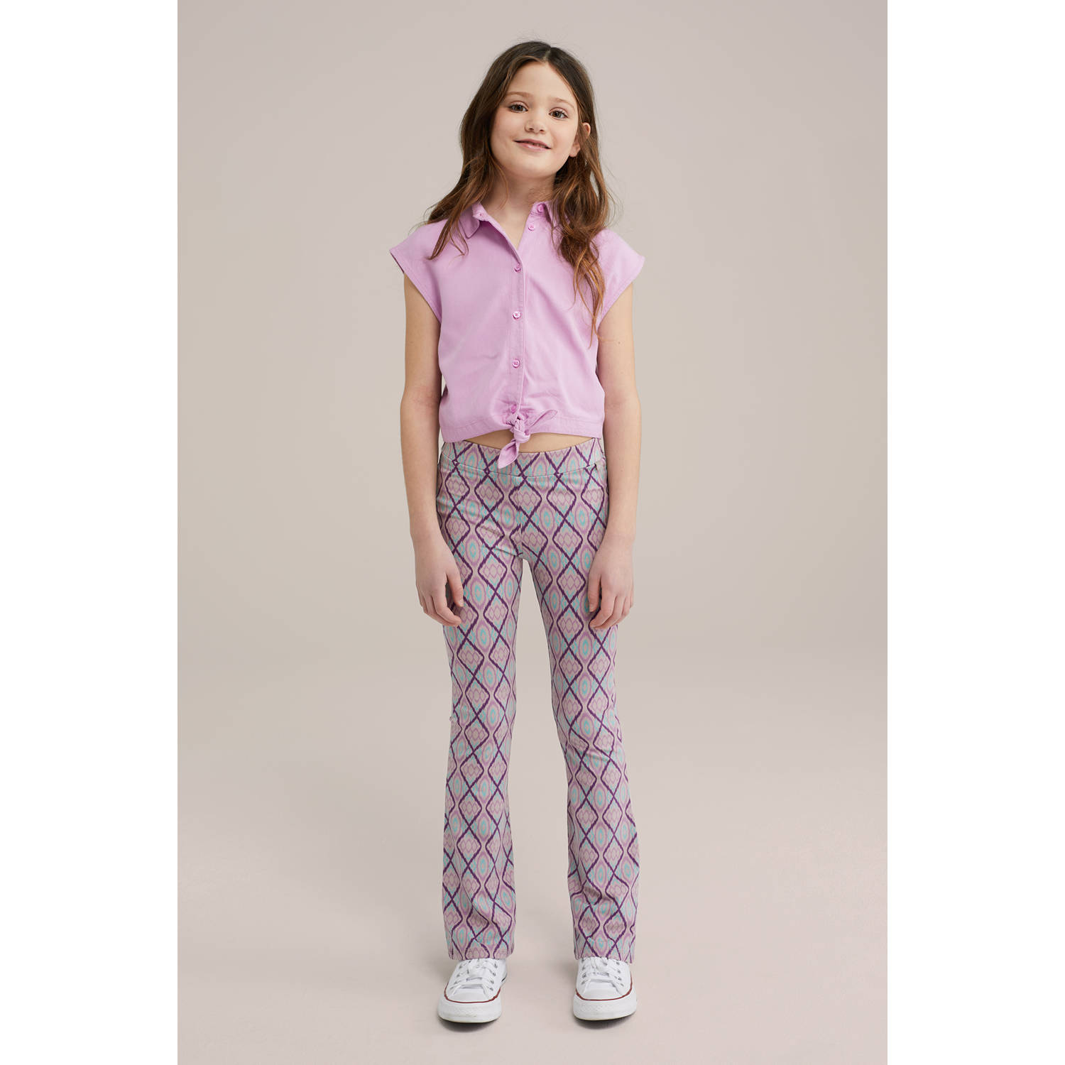 WE Fashion flared broek paars lichtblauw roze