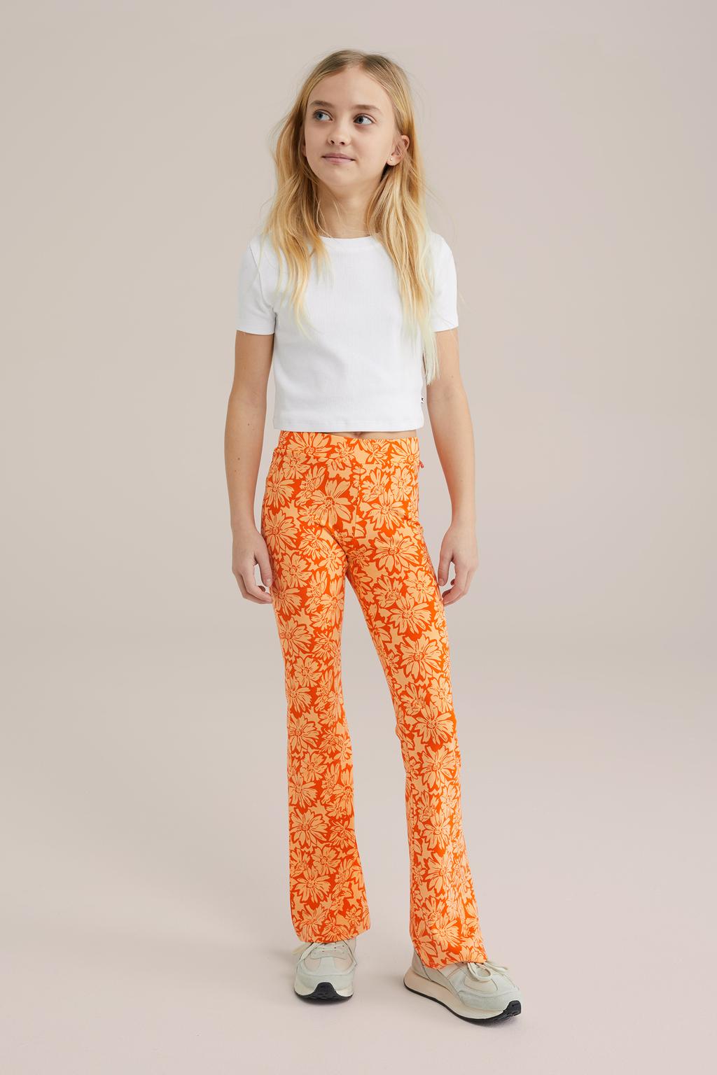 Oranje meisjes WE Fashion flared broek van viscose met elastische tailleband