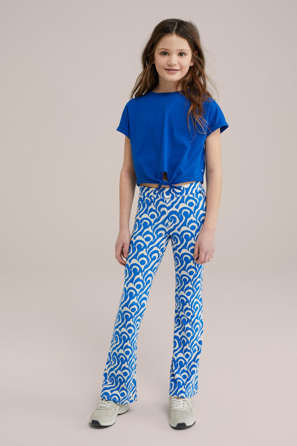 Blauwe meisjes WE Fashion flared broek van viscose met elastische tailleband