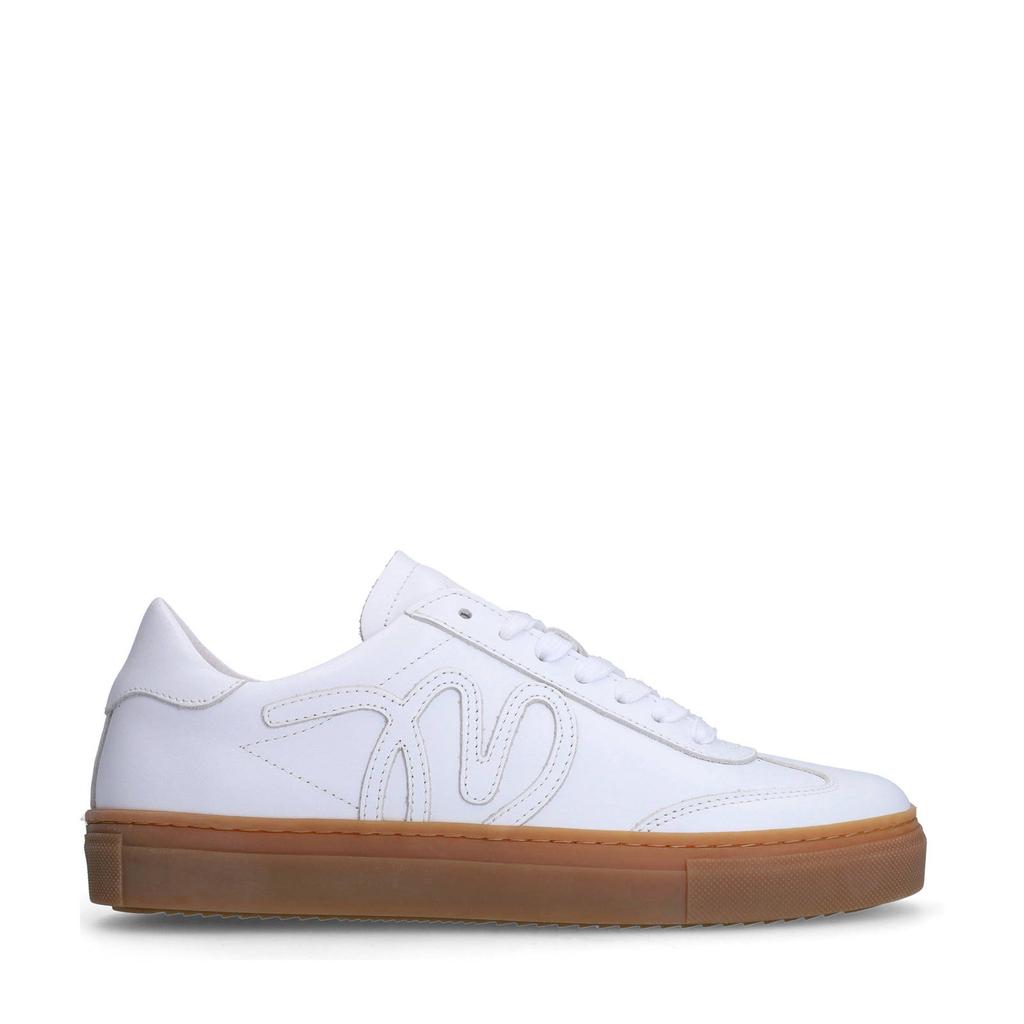 Witte dames Manfield leren sneakers met veters en effen