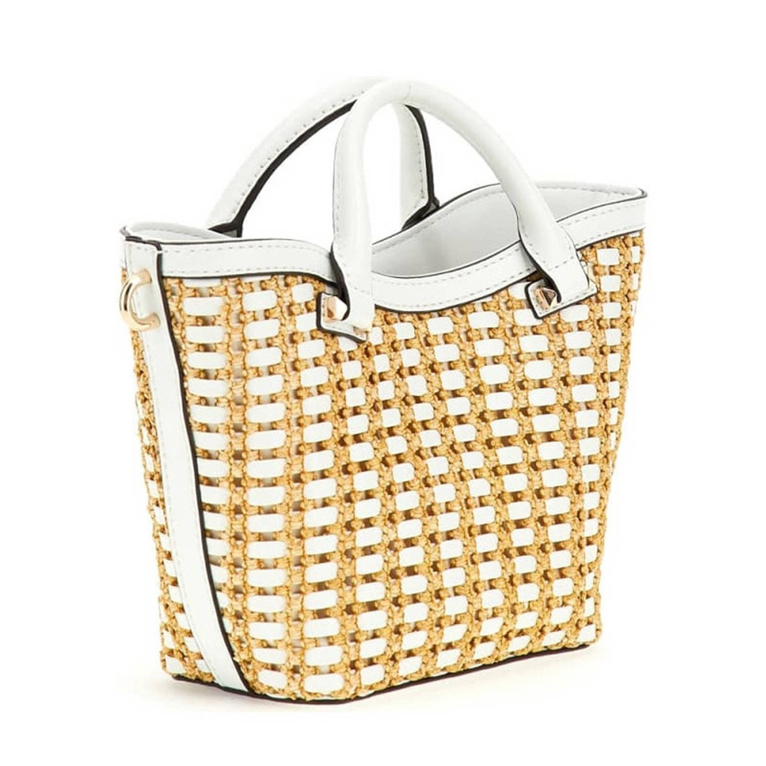 GUESS mini raffia handtas Atalia naturel wit