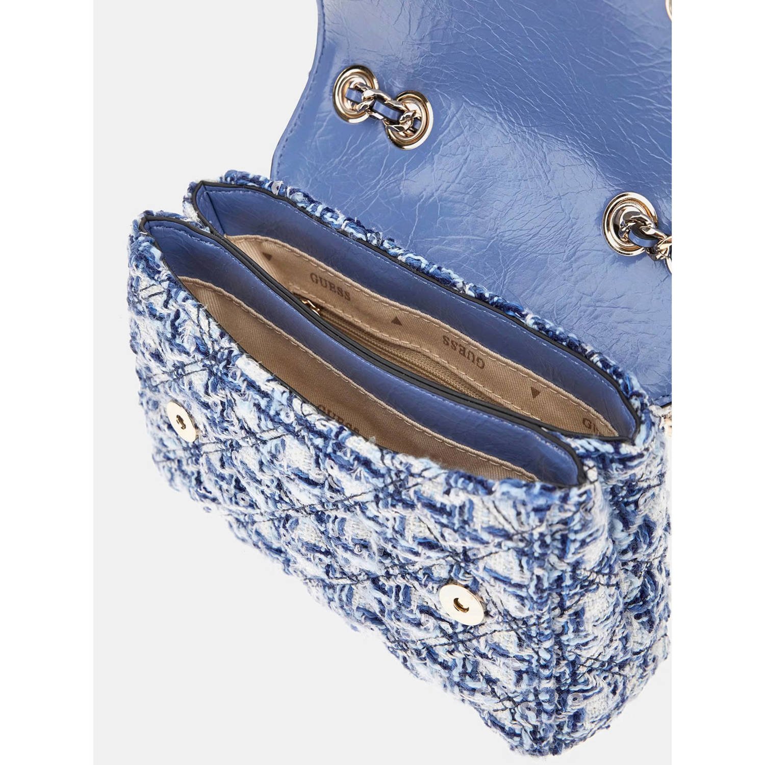 GUESS tweed crossbody tas Giully Mini blauw