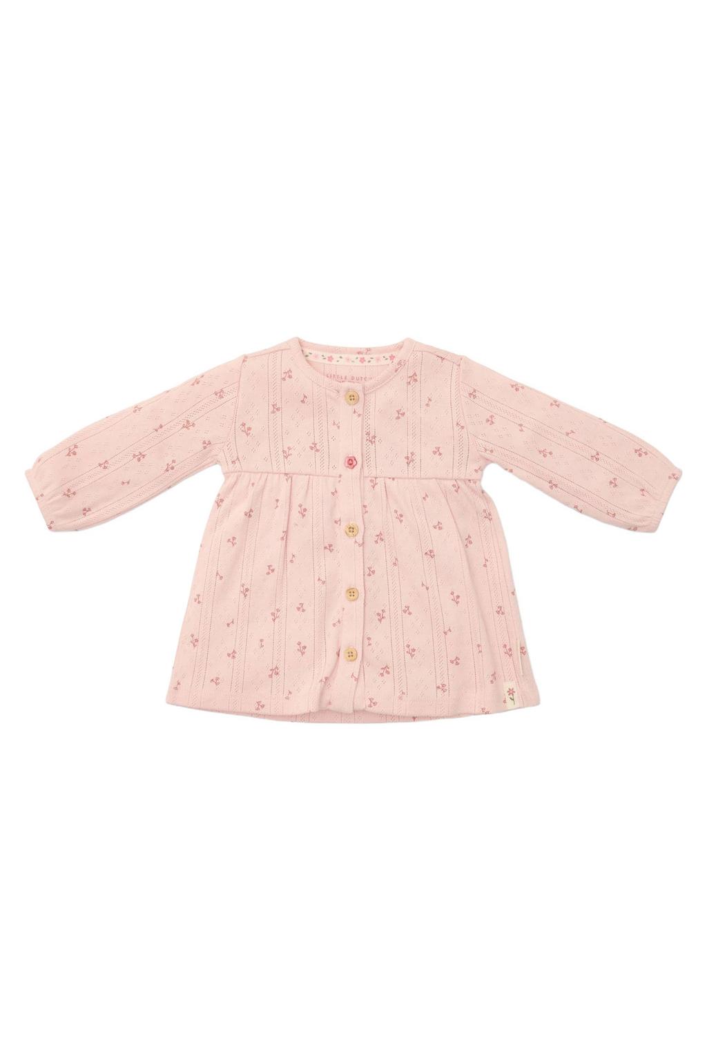 Roze meisjes Little Dutch korte jurk van katoen met lange mouwen, ronde hals en knoopsluiting