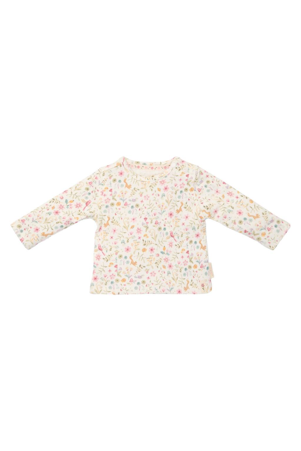 Ecru, roze en groene meisjes Little Dutch longsleeve van katoen met bloemenprint, lange mouwen, ronde hals en drukknoopsluiting