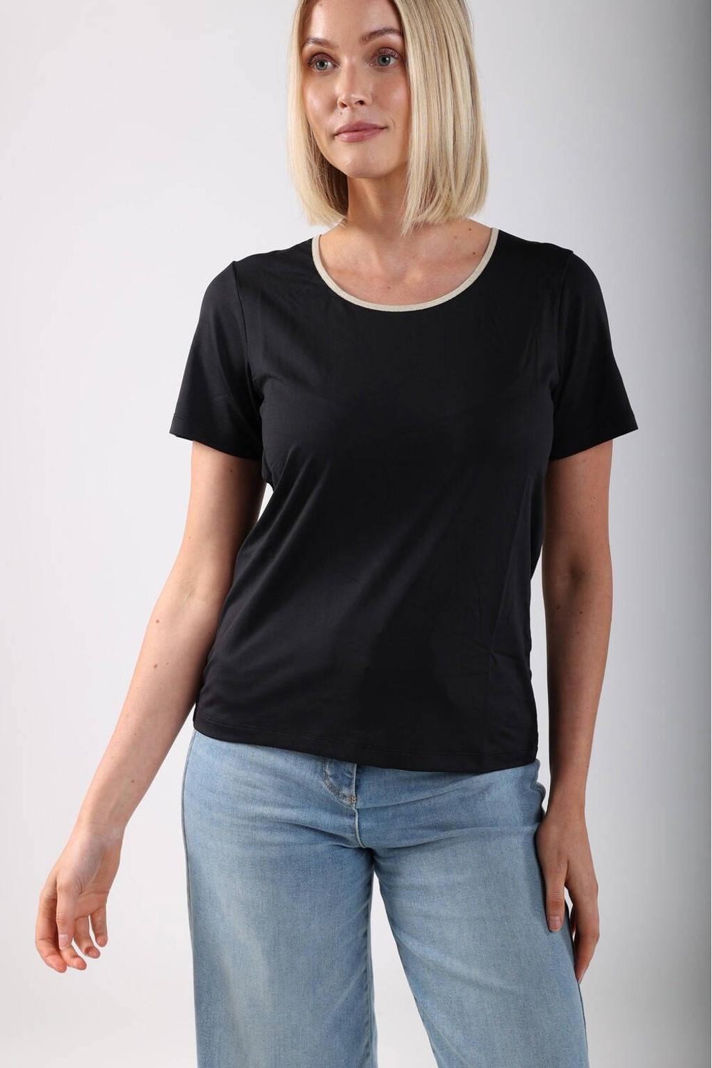 Zwarte dames NUKUS T-shirt van polyamide met effen, korte mouwen, ronde hals en lurex
