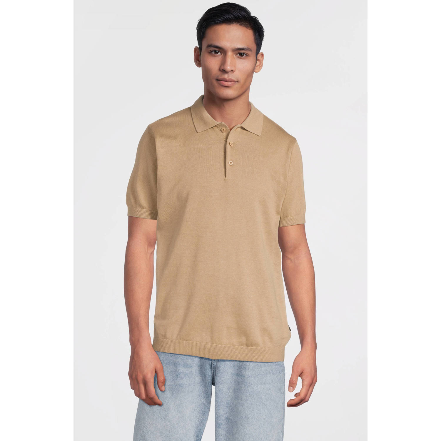 Cars slim polo fijn gebreid beige