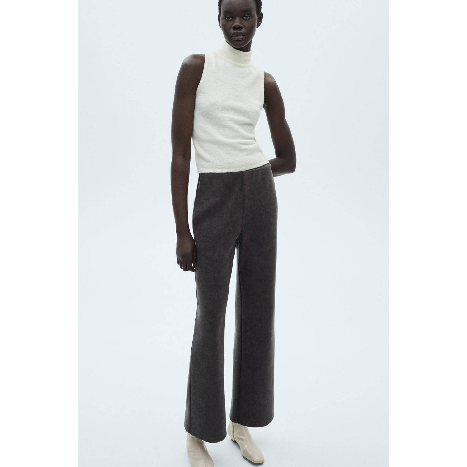 Mango wide leg high waist casual broek grijs melange