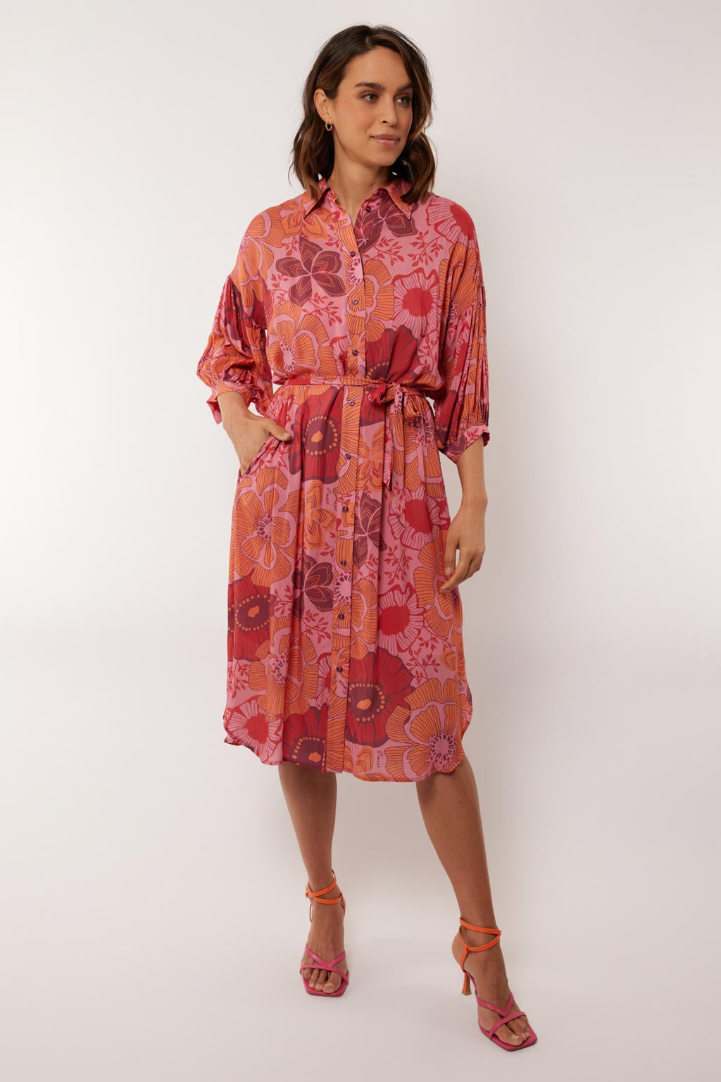 Roze, rood en oranje dames G-maxx blousejurk van viscose met bloemenprint, driekwart mouwen en klassieke kraag