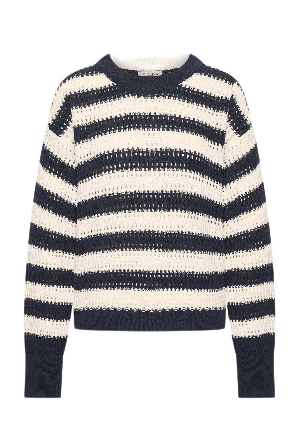 Donkerblauwe dames CLAUDIA BY CLAUDIA STRÄTER trui grof gebreid van katoen met strepenprint, lange mouwen en crochet