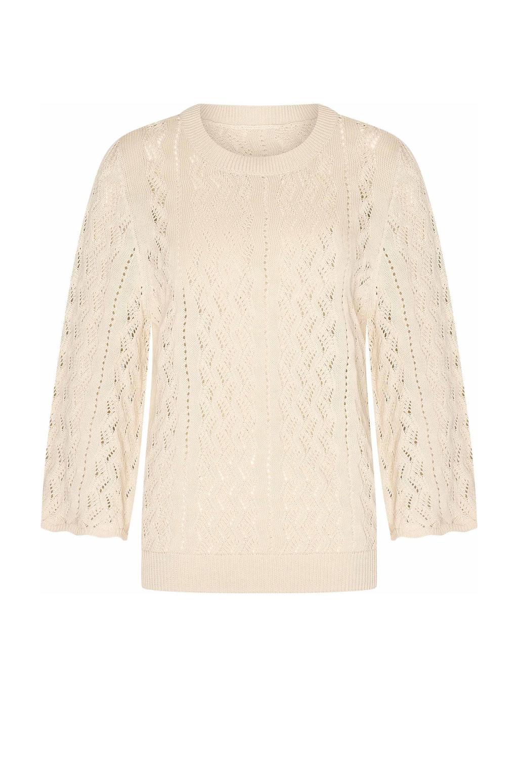 Ecru dames CLAUDIA BY CLAUDIA STRÄTER gebreide trui crochet van katoen met effen, lange mouwen en ronde hals