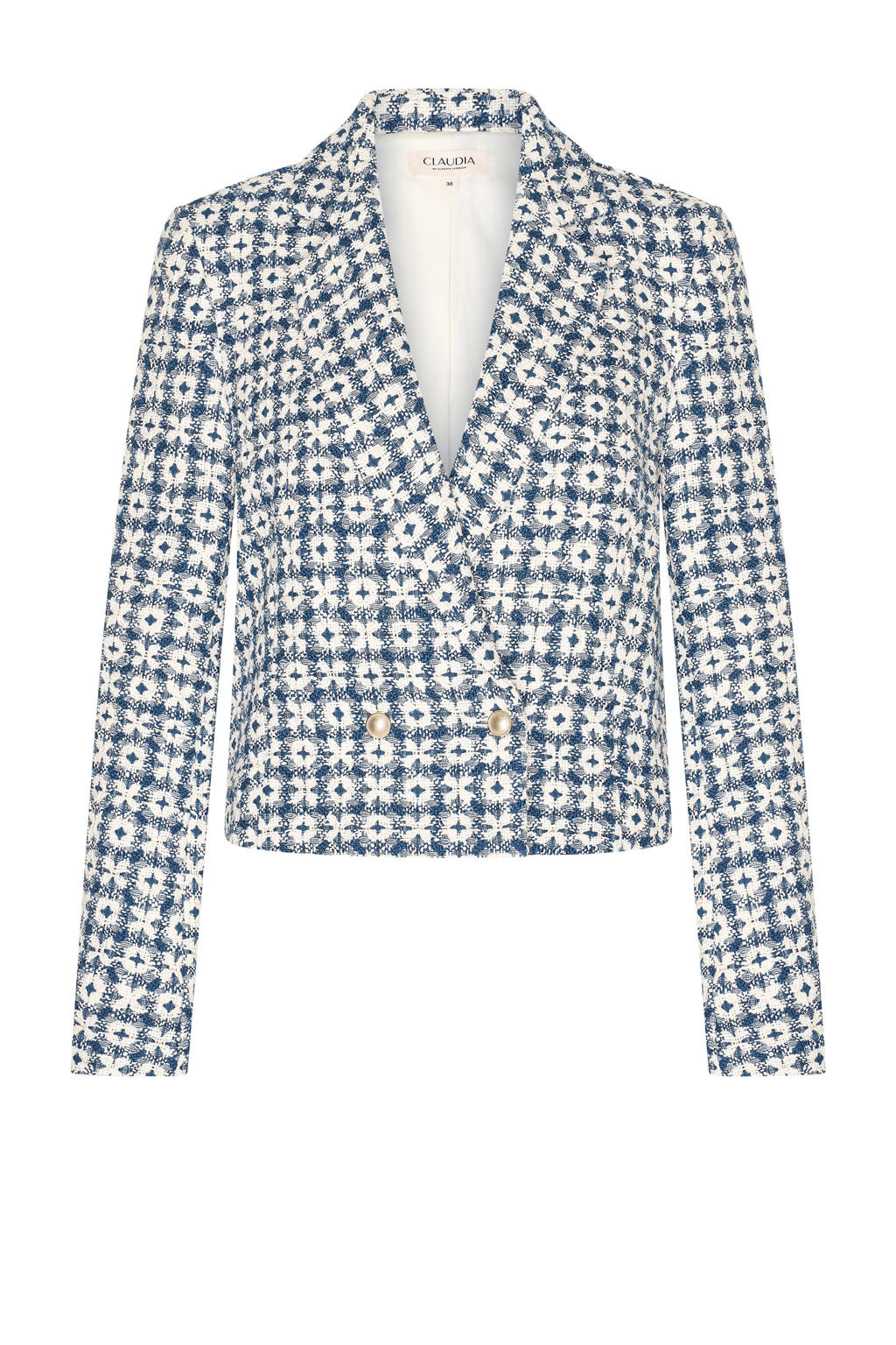 Donkerblauwe dames CLAUDIA BY CLAUDIA STRÄTER cropped blazer van katoen met lange mouwen, reverskraag, knoopsluiting en gebreide details