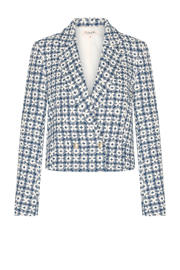 thumbnail: Donkerblauwe dames CLAUDIA BY CLAUDIA STRÄTER cropped blazer van katoen met lange mouwen, reverskraag, knoopsluiting en gebreide details