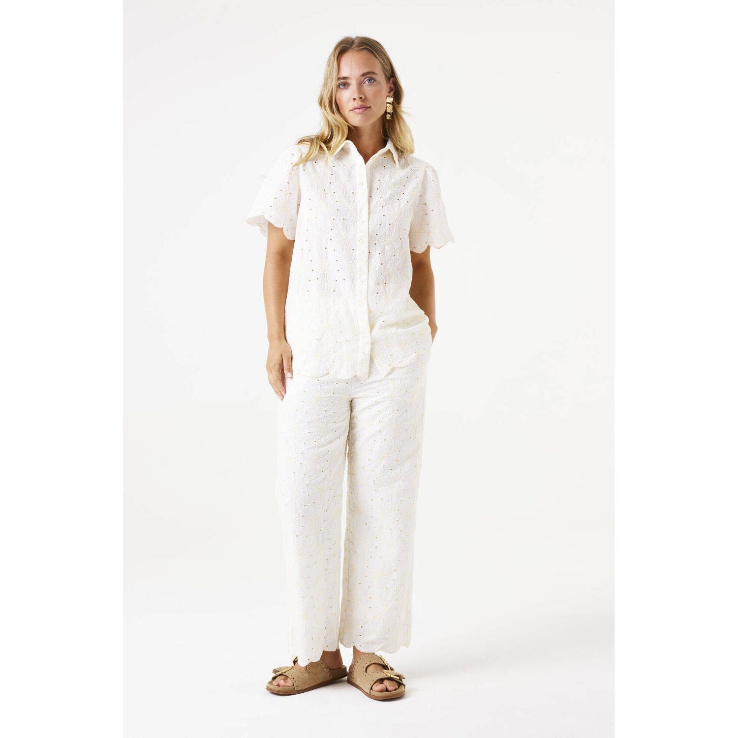 Garcia straight regular waist casual broek wit broderie
