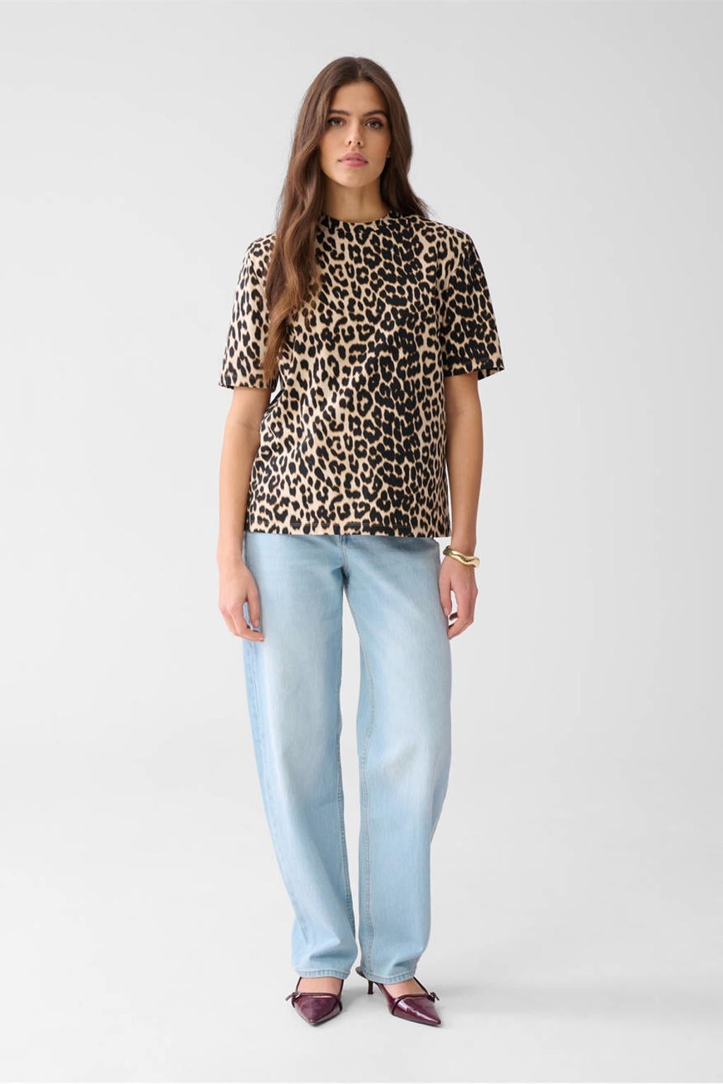 Bruine dames Shoeby top met panterprint, korte mouwen en ronde hals