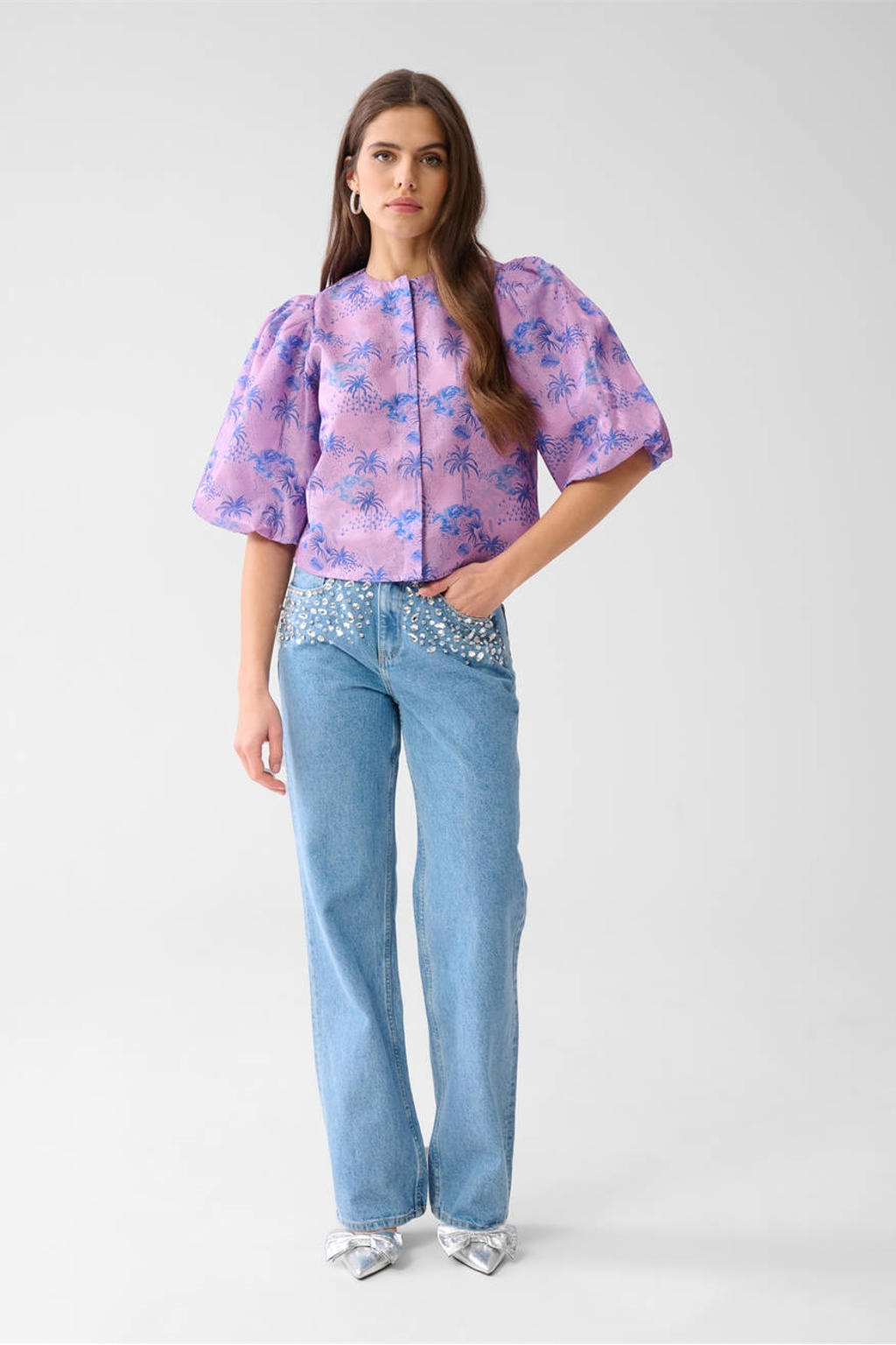 Lila en roze dames Shoeby blouse van polyester met half lange mouwen, ronde hals, knoopsluiting en ballonmouwen