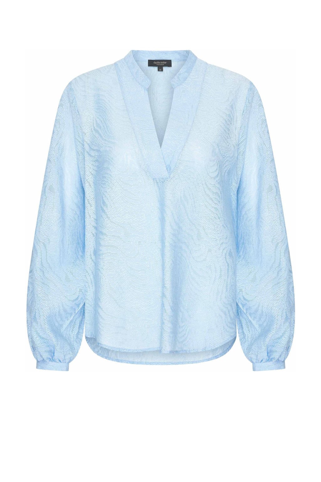 Lichtblauwe dames Claudia Sträter top van viscose met effen, lange mouwen en V-hals