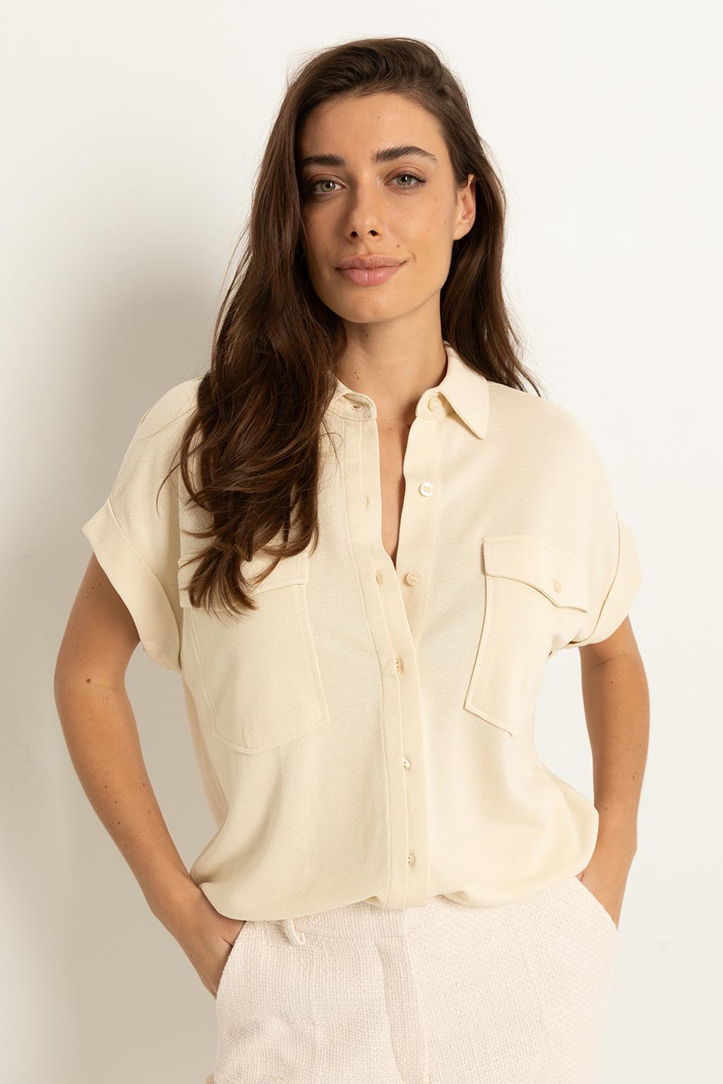 Beige dames Claudia Sträter blouse van modal met effen, korte mouwen, klassieke kraag, knoopsluiting en omslagdetail