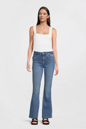 high waist flared jeans dark blue denim