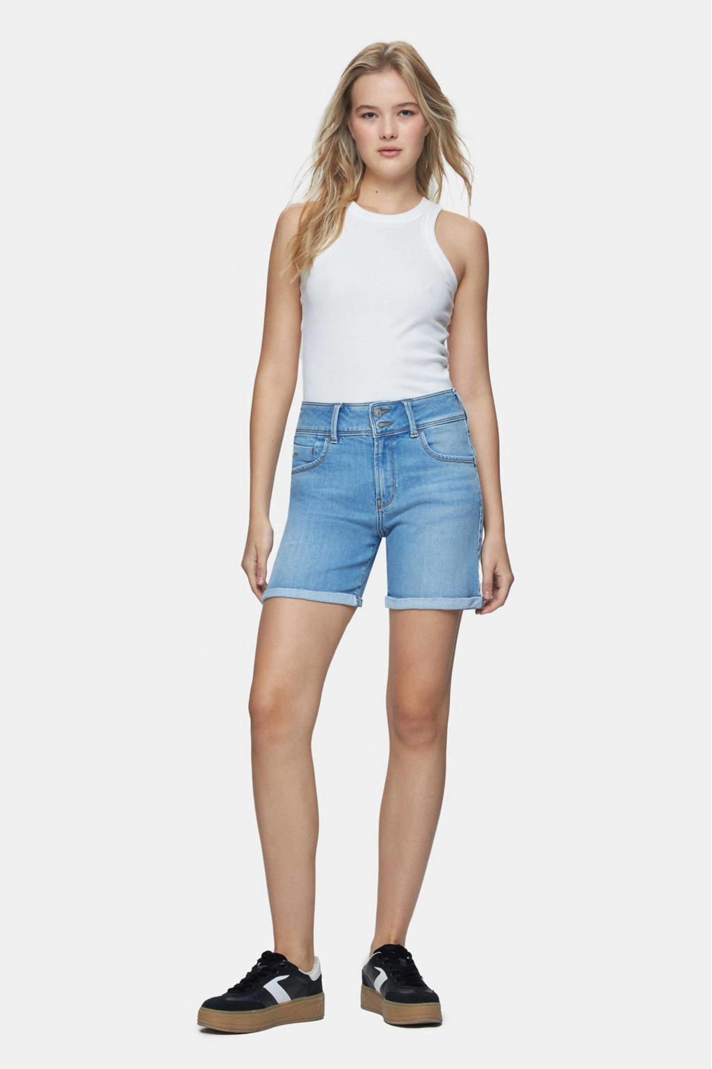 Blauwe dames LTB regular waist short van denim met rits- en knoopsluiting en effen