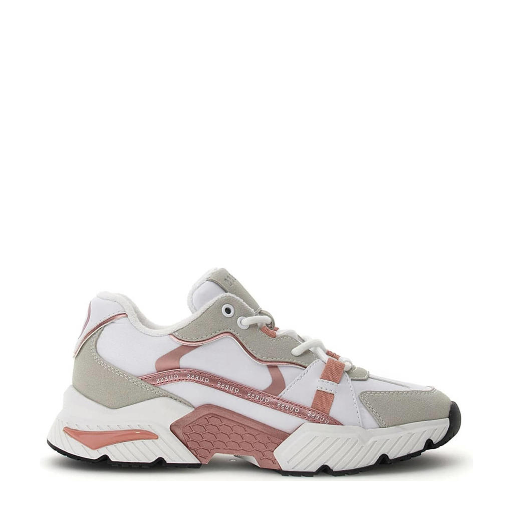Roze en witte dames GUESS Carrli5 chunky sneakers van textiel en imitatieleer met veters