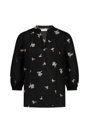 thumbnail: Zwarte dames NUKUS blouse van viscose met driekwart mouwen, ronde hals en knoopsluiting