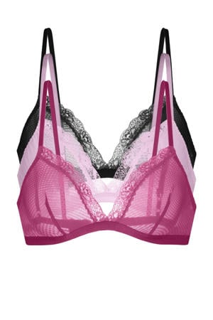 niet-voorgevormde bralette Misha (set van 3) fuchsia/roze/zwart