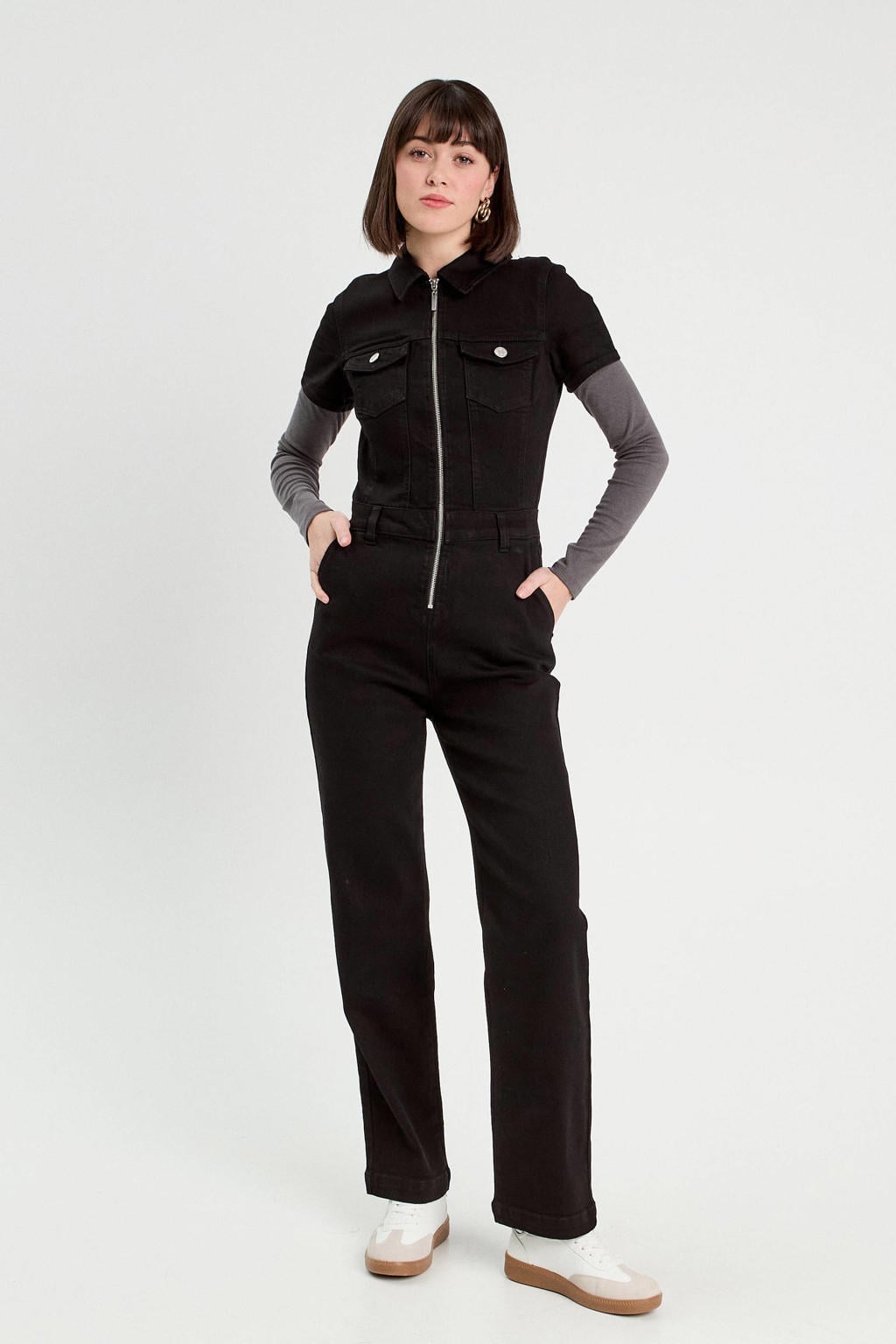 Black denim dames Cache Cache jumpsuit black van denim met effen, korte mouwen, reverskraag, ritssluiting en riemlussen