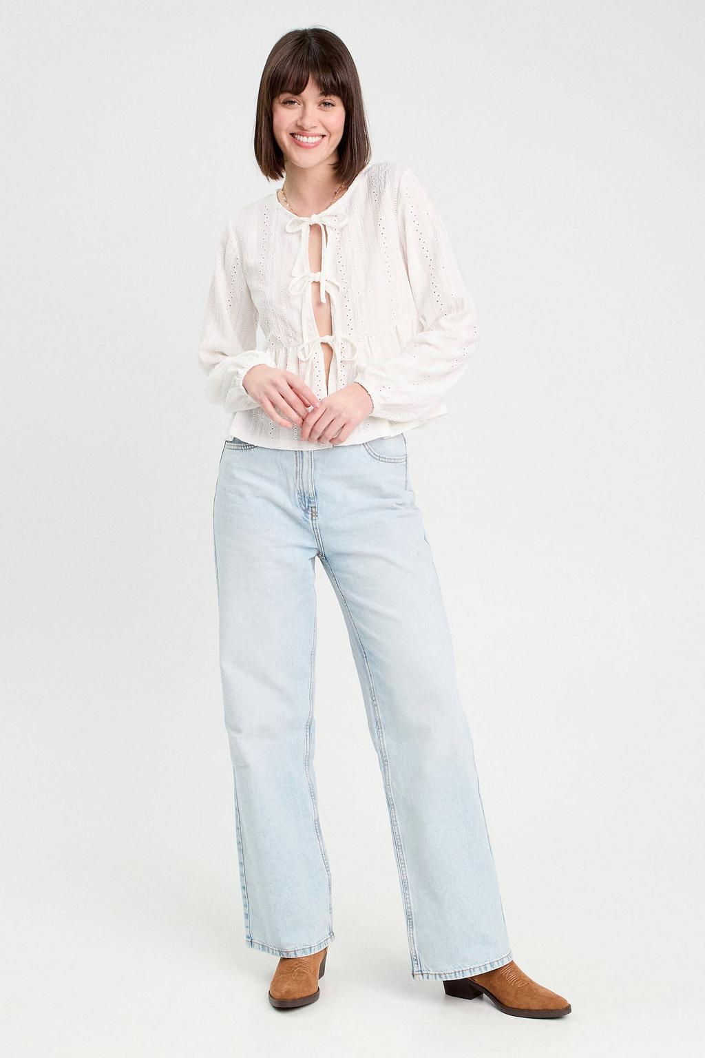 Ecru dames Cache Cache top van polyester met effen, lange mouwen, ronde hals, striksluiting en broderie