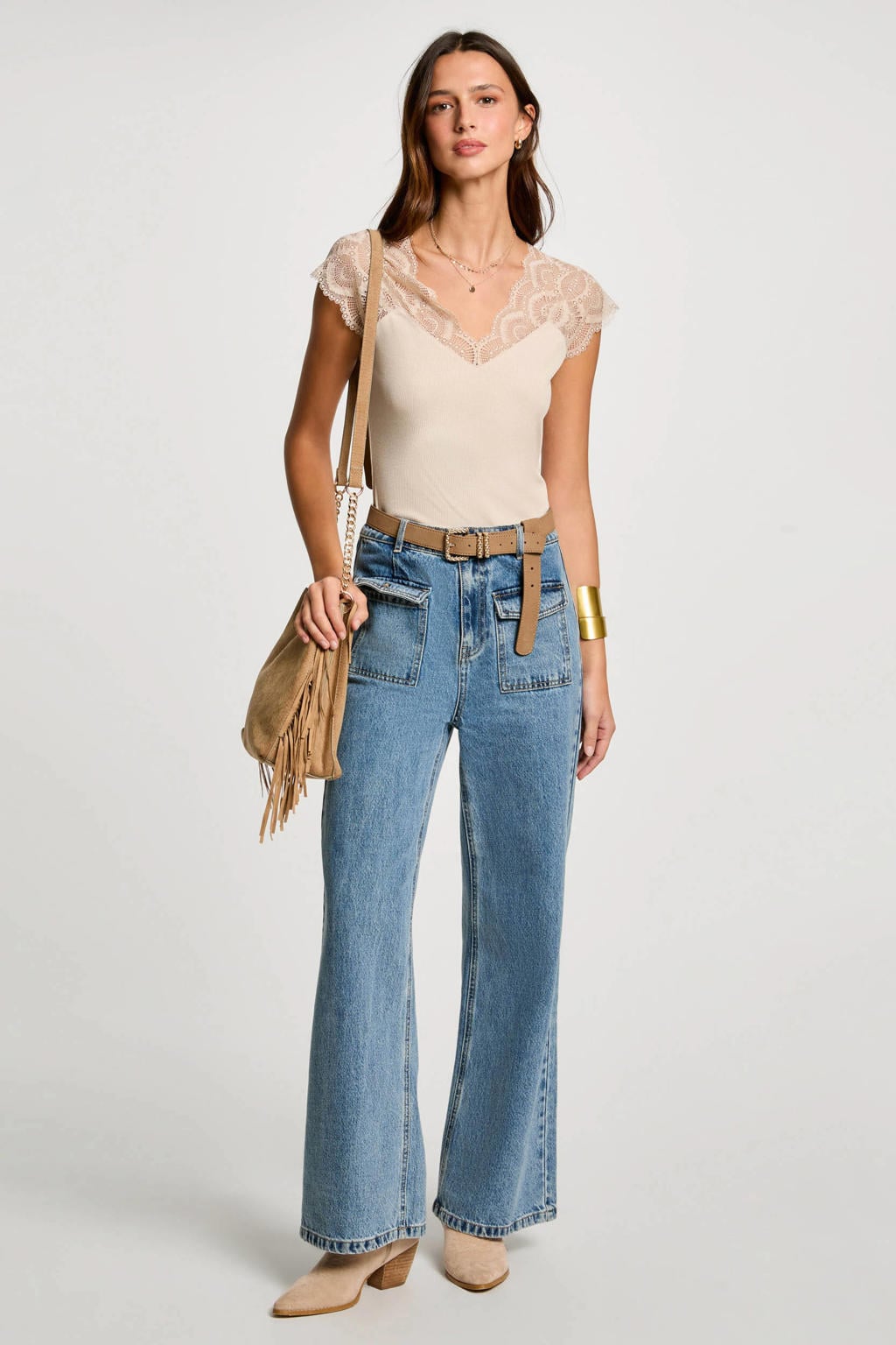 Beige dames Morgan top met effen, korte mouwen, V-hals en semi-transparante details