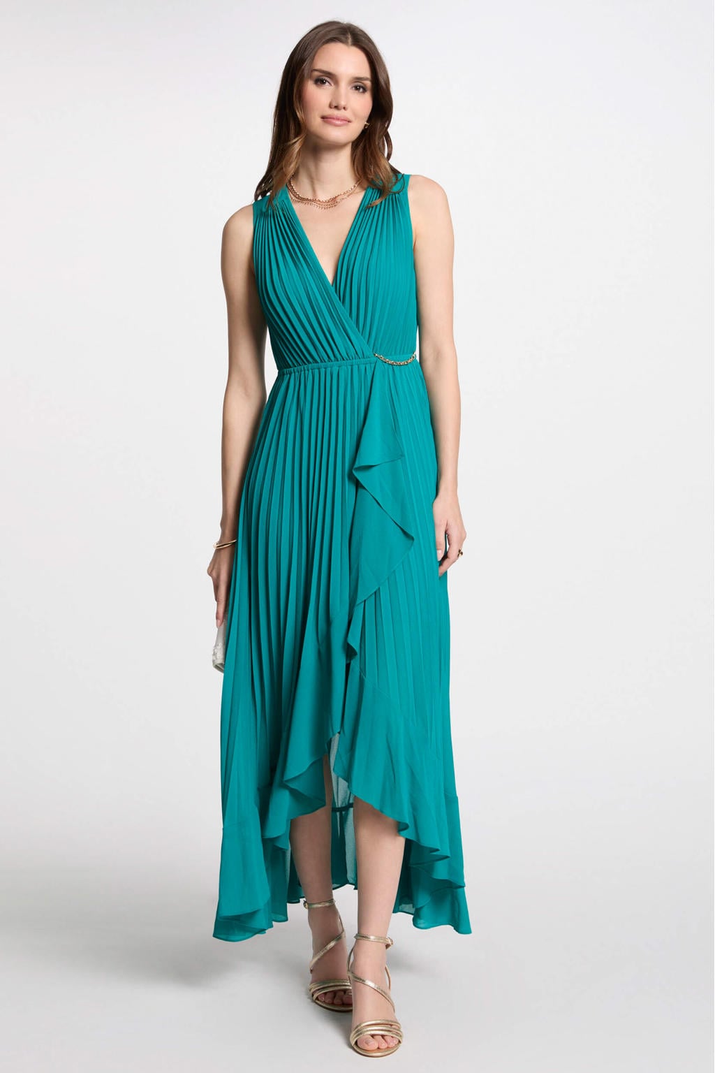 Turquoise dames Morgan jurk van polyester met effen, overslagkraag, elastische tailleband en plissé details