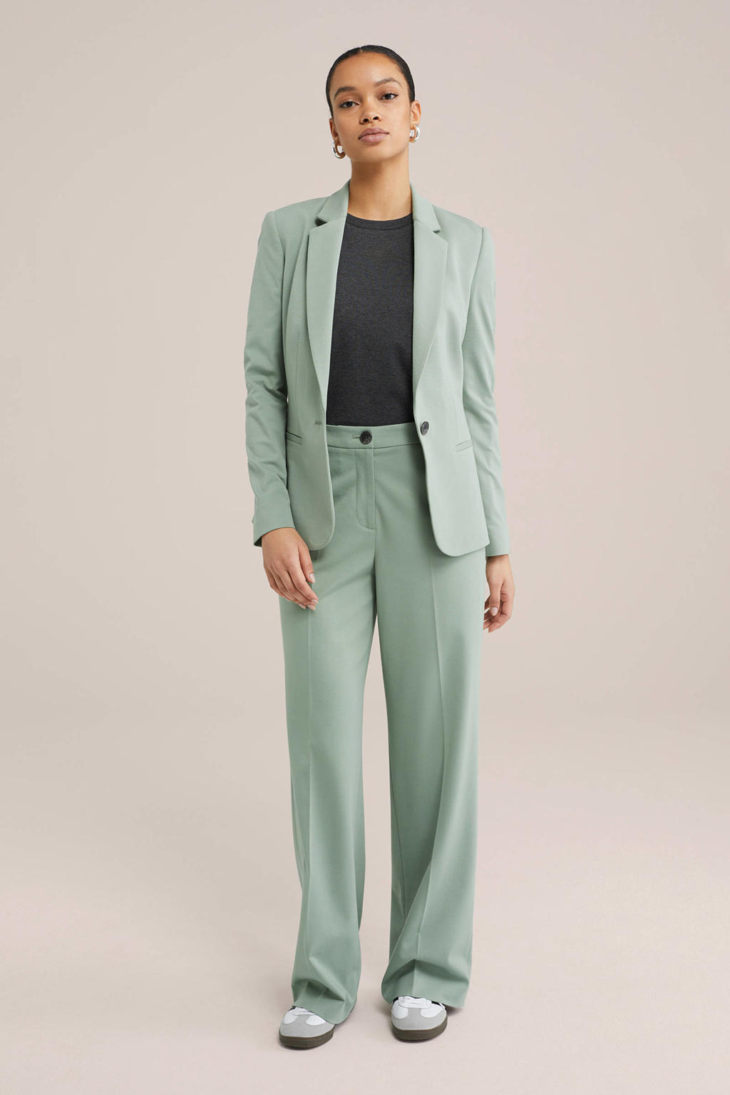 Lichtgroene dames WE Fashion getailleerde blazer van polyester met effen, lange mouwen, reverskraag, knoopsluiting en knoopdetail