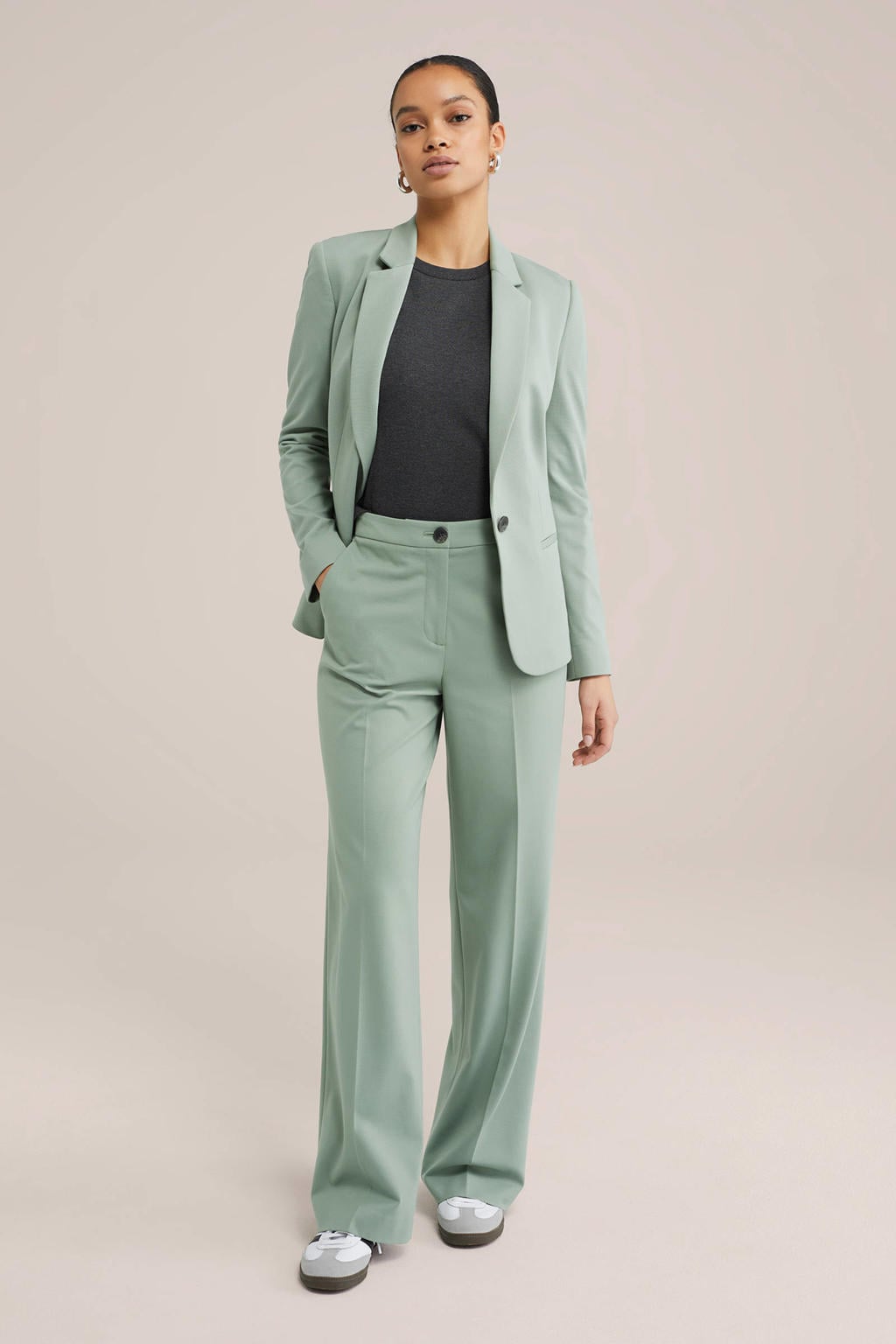 Groene dames WE Fashion high waist casual broek van viscose met loose fit, rits- en knoopsluiting en effen