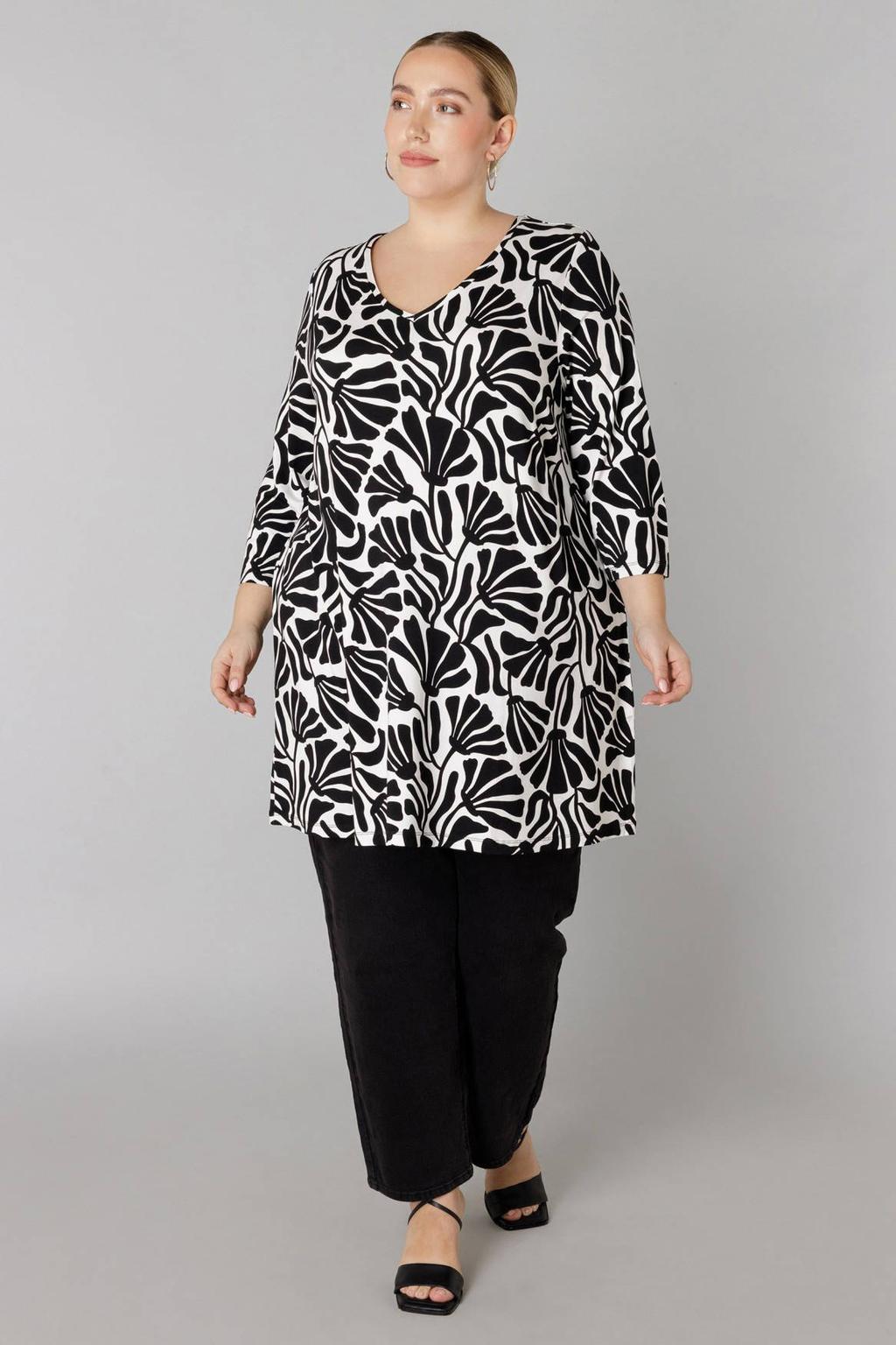 Zwarte dames Colletta tuniek van viscose met korte mouwen en ronde hals